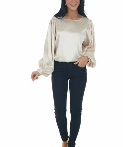Vine & Love Champagne Printed Long Sleeve Satin Blouse