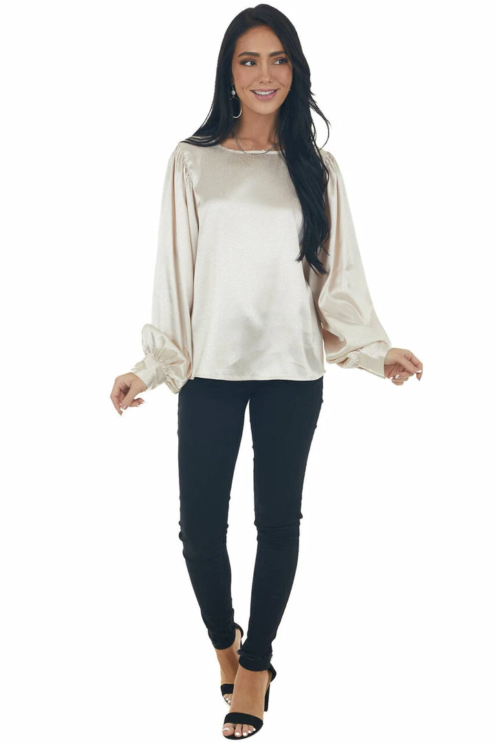 Vine & Love Champagne Printed Long Sleeve Satin Blouse 5 Vine & Love Champagne Printed Long Sleeve Satin Blouse