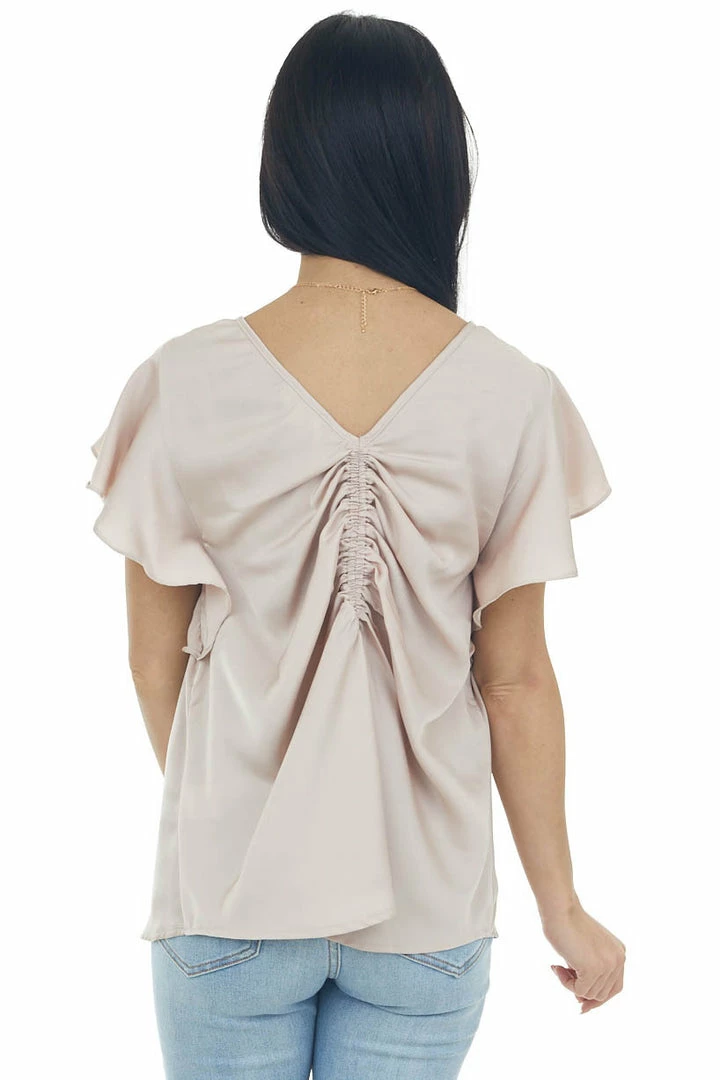 Umgee Champagne Ruched Back Ruffle Sleeve Blouse Tops 7 Umgee Champagne Ruched Back Ruffle Sleeve Blouse Tops