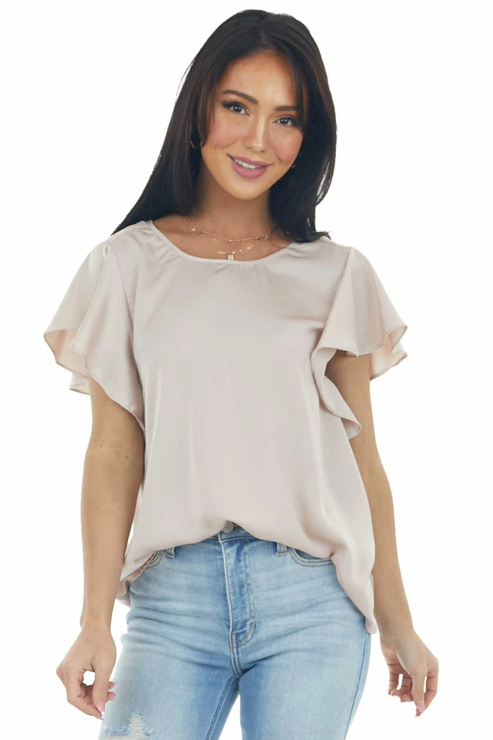 Umgee Champagne Ruched Back Ruffle Sleeve Blouse Tops 3 Umgee Champagne Ruched Back Ruffle Sleeve Blouse Tops