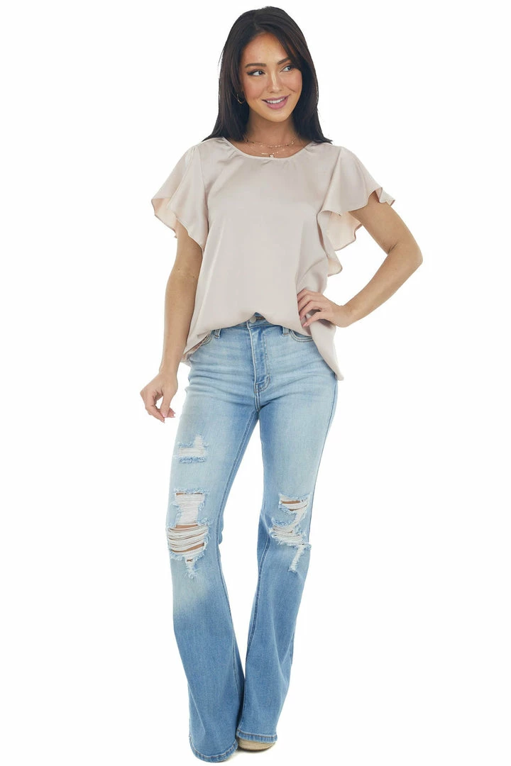 Umgee Champagne Ruched Back Ruffle Sleeve Blouse Tops 5 Umgee Champagne Ruched Back Ruffle Sleeve Blouse Tops