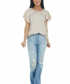 Umgee Champagne Ruched Back Ruffle Sleeve Blouse Tops 9 Umgee Champagne Ruched Back Ruffle Sleeve Blouse Tops