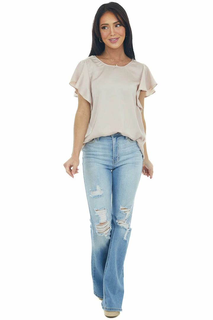 Umgee Champagne Ruched Back Ruffle Sleeve Blouse Tops 4 Umgee Champagne Ruched Back Ruffle Sleeve Blouse Tops