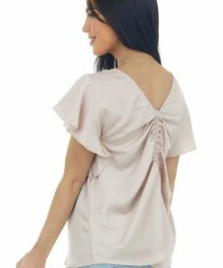 Umgee Champagne Ruched Back Ruffle Sleeve Blouse Tops 11 Umgee Champagne Ruched Back Ruffle Sleeve Blouse Tops