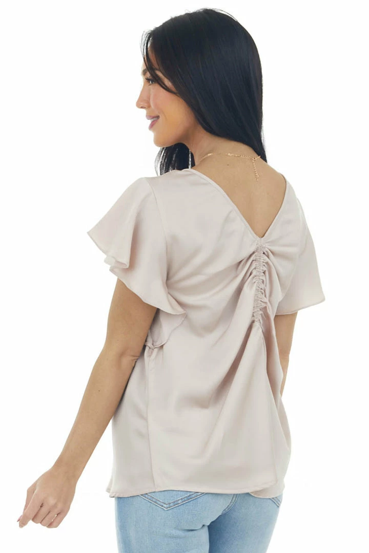 Umgee Champagne Ruched Back Ruffle Sleeve Blouse Tops 6 Umgee Champagne Ruched Back Ruffle Sleeve Blouse Tops