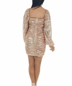 HYFVE Champagne Sequin Bubble Sleeve Ruched Dress 24 HYFVE Champagne Sequin Bubble Sleeve Ruched Dress