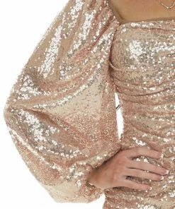 HYFVE Champagne Sequin Bubble Sleeve Ruched Dress 25 HYFVE Champagne Sequin Bubble Sleeve Ruched Dress