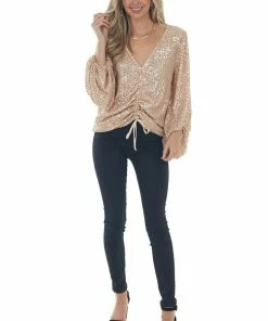 Mustard Seed Tops Champagne Sequin Long Bubble Sleeve Ruched Top