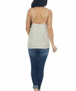 Main Strip Champagne Sequin Sleeveless Cowl Neck Tank