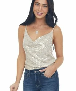 Main Strip Champagne Sequin Sleeveless Cowl Neck Tank