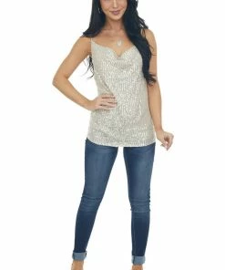 Main Strip Champagne Sequin Sleeveless Cowl Neck Tank