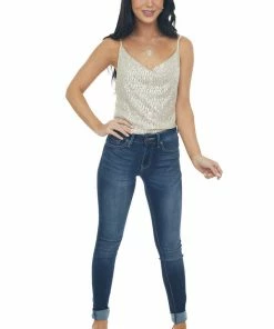 Main Strip Champagne Sequin Sleeveless Cowl Neck Tank