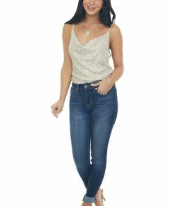 Main Strip Champagne Sequin Sleeveless Cowl Neck Tank