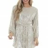 Vine & Love Dresses Champagne Sequined Bubble Sleeve Short Dress
