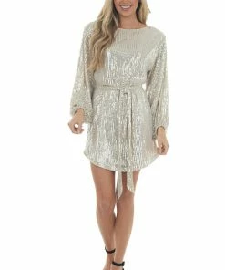 Vine & Love Dresses Champagne Sequined Bubble Sleeve Short Dress