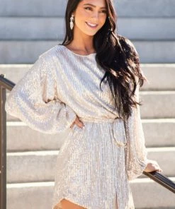 Vine & Love Dresses Champagne Sequined Bubble Sleeve Short Dress