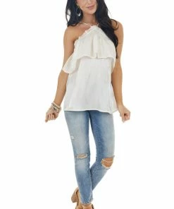 Andree Champagne Shimmer Sleeveless Top With Criss Cross Straps Tops