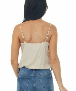 143 Story Champagne Sleeveless Eyelash Lace Woven Bodysuit Tops