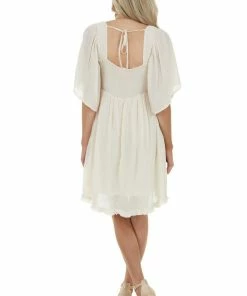 Umgee Dresses Champagne Smocked Babydoll Short Dress With Flutter Sleeves