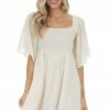 Umgee Dresses Champagne Smocked Babydoll Short Dress With Flutter Sleeves