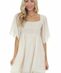 Umgee Dresses Champagne Smocked Babydoll Short Dress With Flutter Sleeves