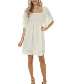 Umgee Dresses Champagne Smocked Babydoll Short Dress With Flutter Sleeves