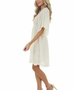 Umgee Dresses Champagne Smocked Babydoll Short Dress With Flutter Sleeves