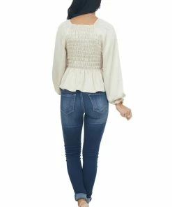 Blu Pepper Champagne Smocked Bubble Sleeve V Neck Blouse