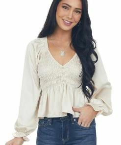 Blu Pepper Champagne Smocked Bubble Sleeve V Neck Blouse