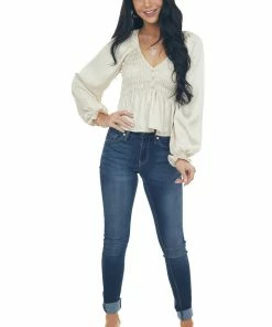 Blu Pepper Champagne Smocked Bubble Sleeve V Neck Blouse