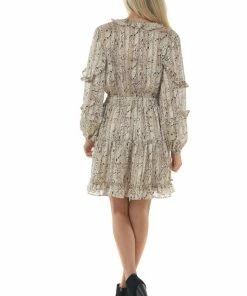 Main Strip Champagne Snake Print Smocked Waist Mini Dress Dresses