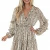 Main Strip Champagne Snake Print Smocked Waist Mini Dress Dresses