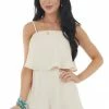 Davi & Dani Champagne Spaghetti Strap Flowy Overlay Romper With Pockets Dresses