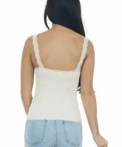 DYNAMIC Champagne Textured Eyelash Lace Cropped Tank Tops