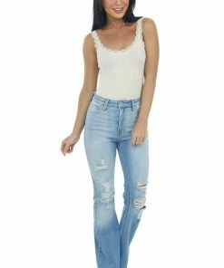 DYNAMIC Champagne Textured Eyelash Lace Cropped Tank Tops