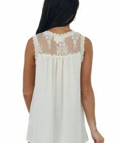 143 Story Tops Champagne V Neck Knit Tank Top With Lace Details