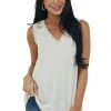143 Story Tops Champagne V Neck Knit Tank Top With Lace Details