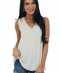 143 Story Tops Champagne V Neck Knit Tank Top With Lace Details