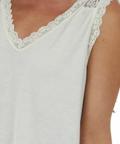 143 Story Tops Champagne V Neck Knit Tank Top With Lace Details