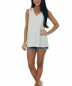 143 Story Tops Champagne V Neck Knit Tank Top With Lace Details
