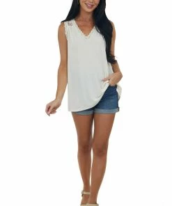 143 Story Tops Champagne V Neck Knit Tank Top With Lace Details