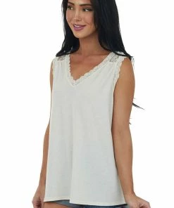 143 Story Tops Champagne V Neck Knit Tank Top With Lace Details