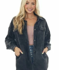 BiBi Tops Charcoal Acid Wash Oversized Shacket
