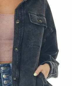BiBi Tops Charcoal Acid Wash Oversized Shacket