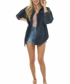 BiBi Tops Charcoal Acid Wash Oversized Shacket