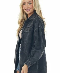 BiBi Tops Charcoal Acid Wash Oversized Shacket