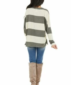 7th Ray Charcoal And Cream Striped Drop Shoulder Long Sleeve Top