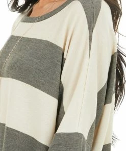 7th Ray Charcoal And Cream Striped Drop Shoulder Long Sleeve Top