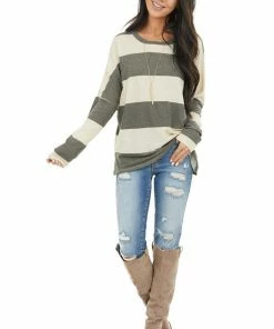 7th Ray Charcoal And Cream Striped Drop Shoulder Long Sleeve Top