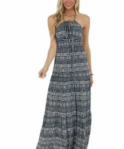 ROKOKO Dresses Charcoal And Ivory Abstract Print Maxi Dress